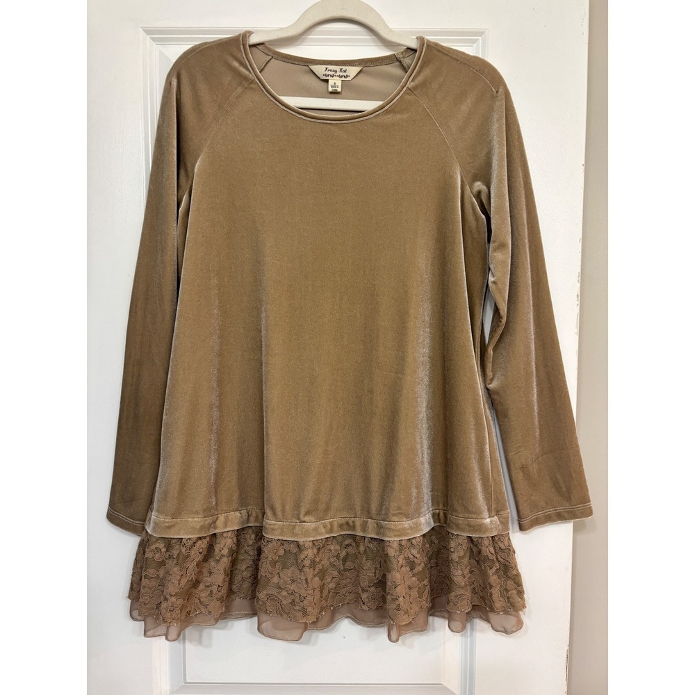 Krazy Kat Women Tan Velvet Tunic Top Lace Ruffle Hem Long Small Boho
